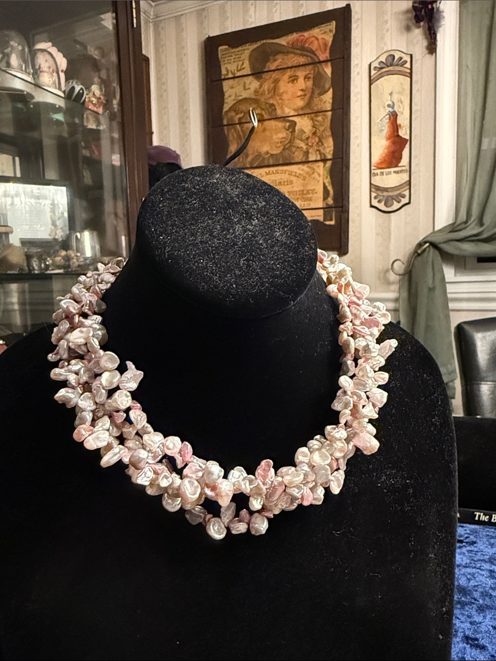 Multicolored iridescent, genuine freshwater, pearl necklace, 4 strand silvertone